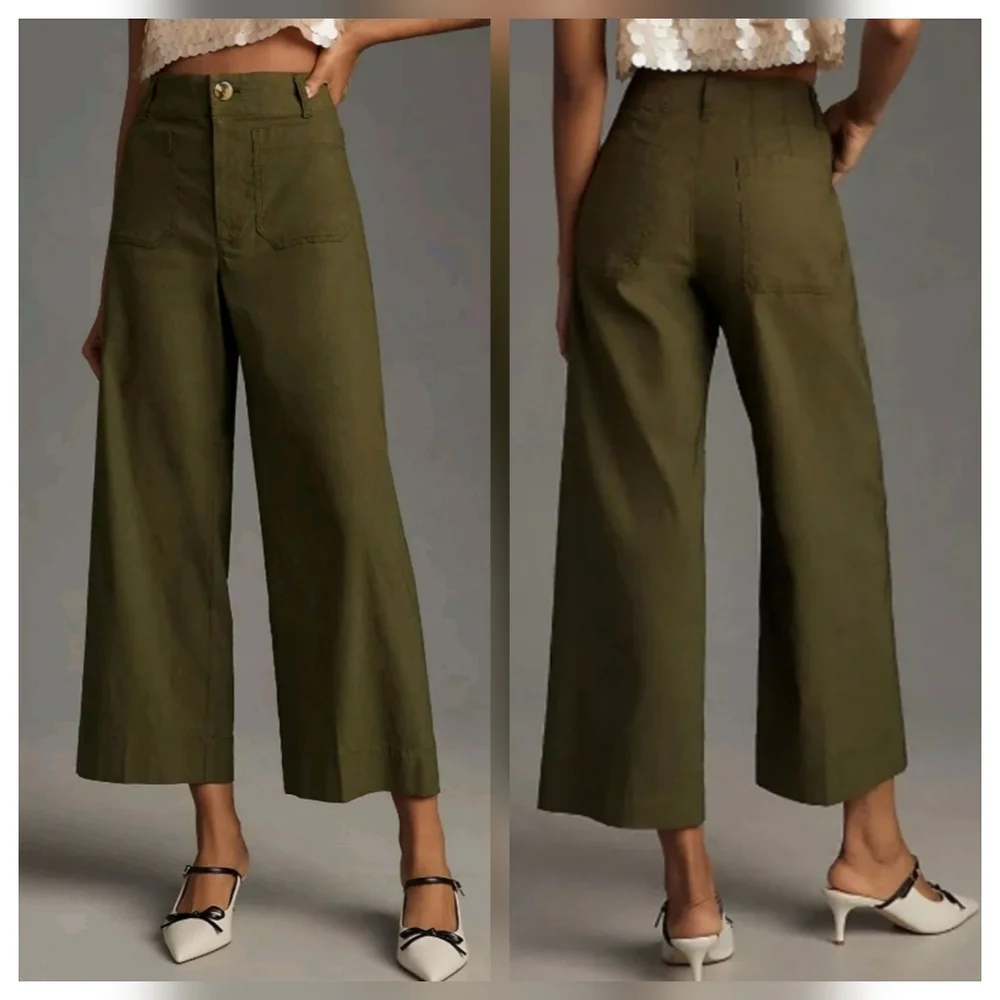 Anthropologie Maeve The Colette Crop Wide-Leg Pants Olive Green - Picture 1 of 14